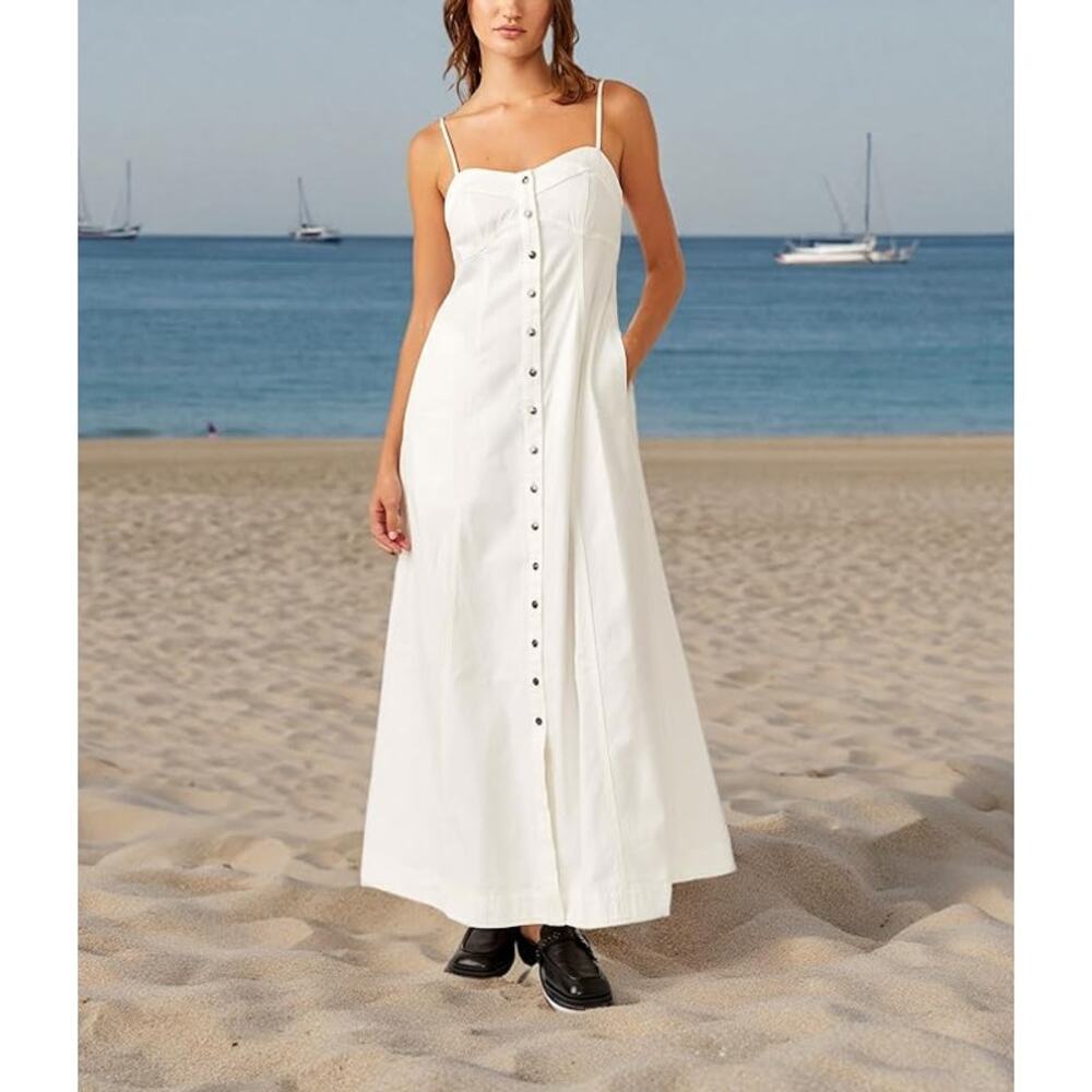 Free People Just Jill Sleeveless Button Front Maxi Dress White Womens Size Large - Picture 3 of 10